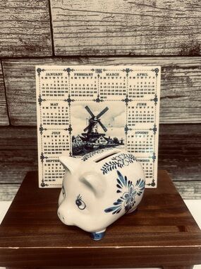 Vintage 1986 Blue & White Ceramic Calendar Tile & Piggy Bank